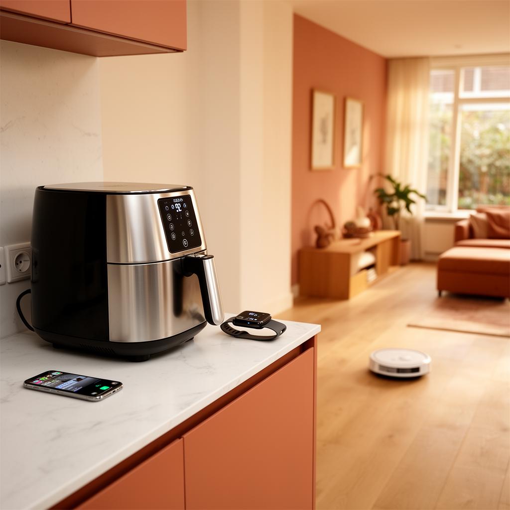 Een rustige Nederlandse woonkamer met een robotstofzuiger